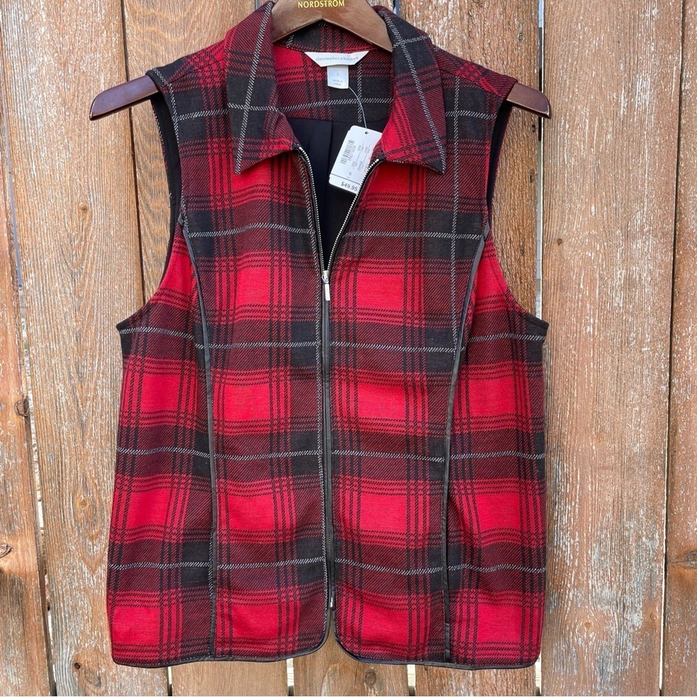 CHRISTOPHER & BANKS Women’s Plaid Red Black Full Zip Collared Vest Size Small